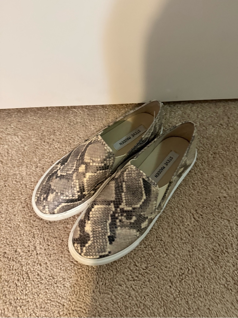 Steve Madden Snake-Print Slip-On Sneakers in Beige and Black